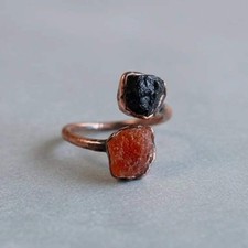 Black Tourmaline and Sunstone Ring   Handcrafted Copper Talisman for Confidence
