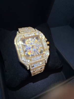 Luxury Mens Iced Out Gold Style Steel Moissanite Skeleton Automatic Silver Watch