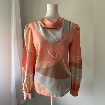 Vintage  80s Anne Klein for New Aspects Peach Abstract Long Sleeve Blouse