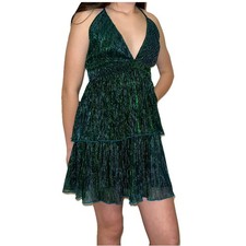 Metallic Green Tiered Shiny Cocktail Prom Dress Low V-Neck Size Small