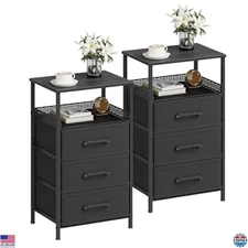 Stylish Black Nightstand Set of 2 - Modern Bedside Tables with 3 Drawers & Shelf