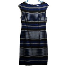 Calvin Klein Women 8 Black Blue Gray Stripe Sleeveless Sheath Dress Office