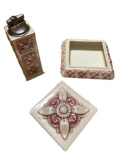 VINTAGE CERAMIC CIGARETTE BOX AND TOWER LIGHTER PINK / CREAM COLOR MARKED JAPAN
