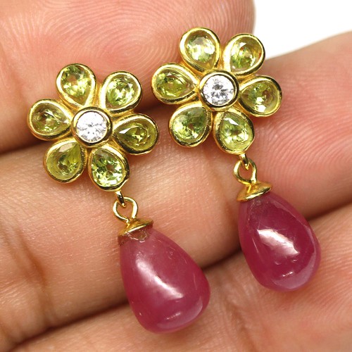 Gemstone Heated 7 x 11 mm. Red Ruby, Peridot & Zircon Earrings 925 Silver - Picture 2 of 4
