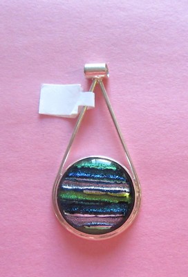 Dichroitischer Glas Anhänger - Sterlingsilber - Birnenform Kreis blau grün lila