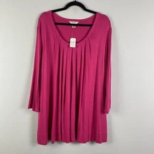 CJ Banks Tunic Top Size 3X Pink Pleated Front Rayon Scoop Neck 3/4 Sleeves