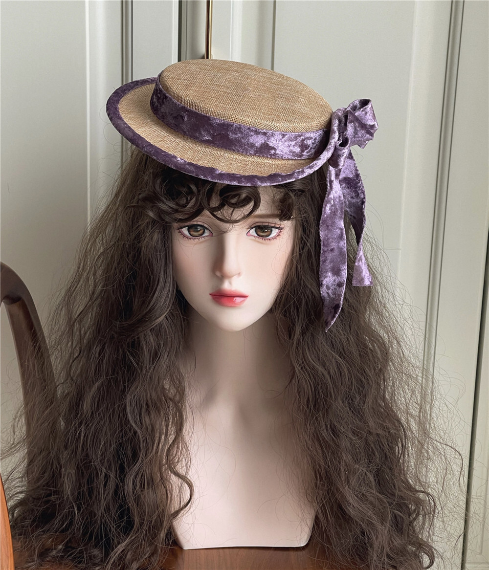 Victorian Women Flat Top Hat with Big Bow Vintage Lady Classic Lolita
