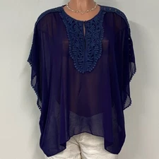 COLLECTIVE CONCEPTS Womens Drape Shirt Blue Cap Sleeve Jewel Neck Sheer Boho M