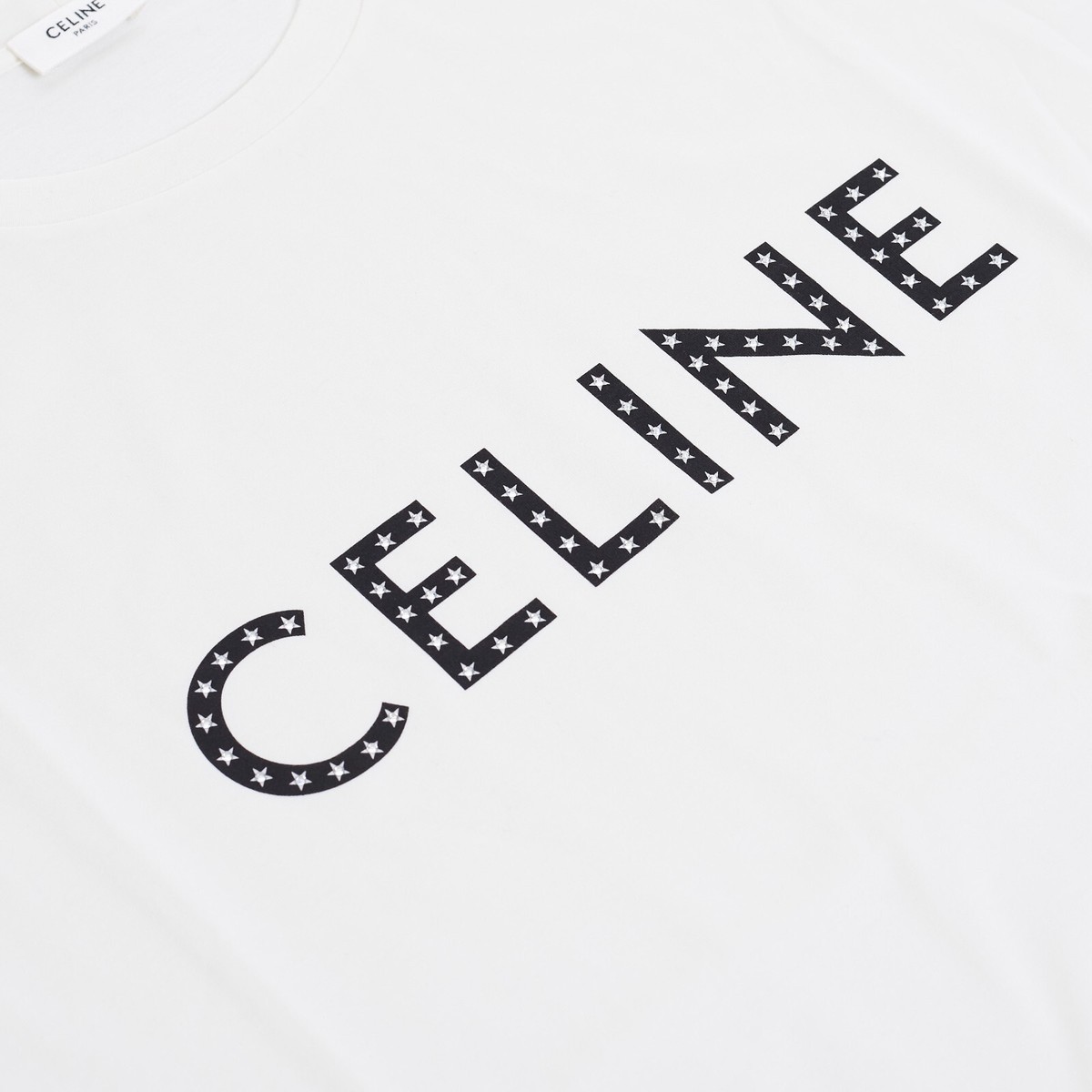 CELINE 750$ T-Shirt With Rhinestone-Studded Logo Print In White