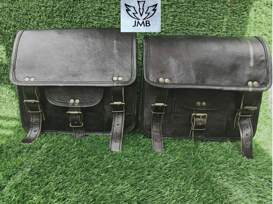 COMBO Of Black Leather 3 Saddle Bag 2 Side Bag 1 Tool Pouch Motorcycle