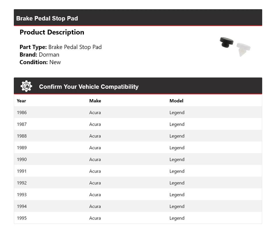 Para 1986-1995 Acura Legend Dorman Pedal de Freio Stop Pad 1987 1988 1989 1990 1991 - Imagem 2 de 3