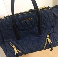 Miumiu sholder Bag big Indigo Denim Navy 2Way Vintage  Denim Black Leather good