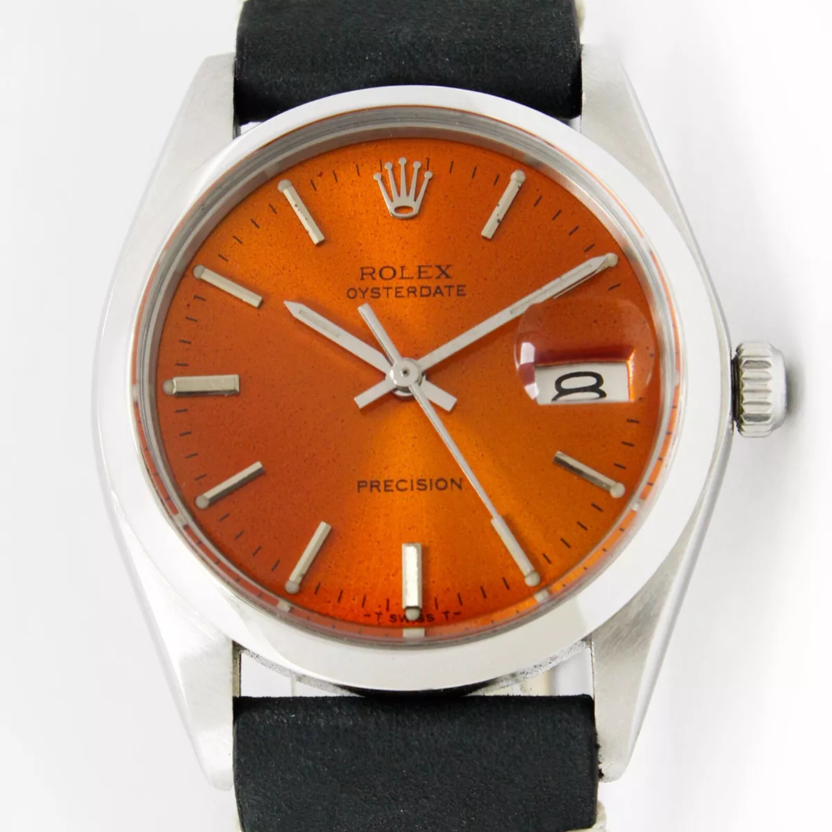 Rolex Oysterdate Precision Sunburst Orange Dial Mens Vintage Steel