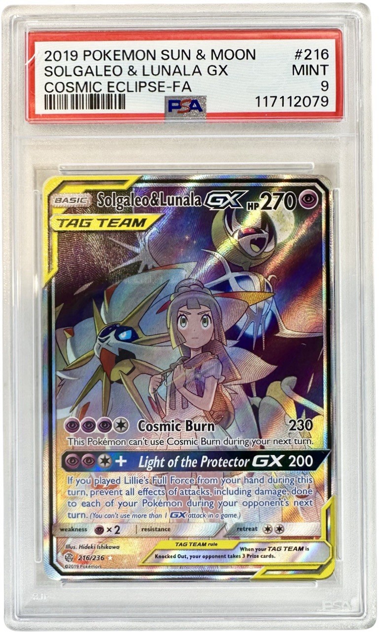 PSA 9 Pokemon Cosmic Eclipse Solgaleo & Lunala GX 216/236 MINT Condition!!