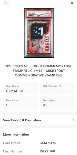 2016 Topps Commemorative Mike Trout MTS-4 Relic Stamp Los Angeles Angels PSA 10
