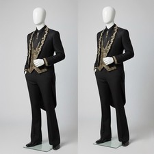 Black Men's Suits Gold Applique Wedding Evening Party Prom Long Blazer 3Pieces