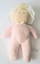 EDEN DOLL PINK TERRYCLOTH PLUSH, EYELET TRIM, BLUE EYES, BLONDE, GINGHAM BONNET