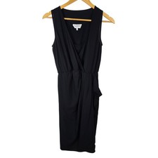 Adam Lippes Black 100% Silk Sleeveless V Neck Wrap Ruched Midi Dress Size 2