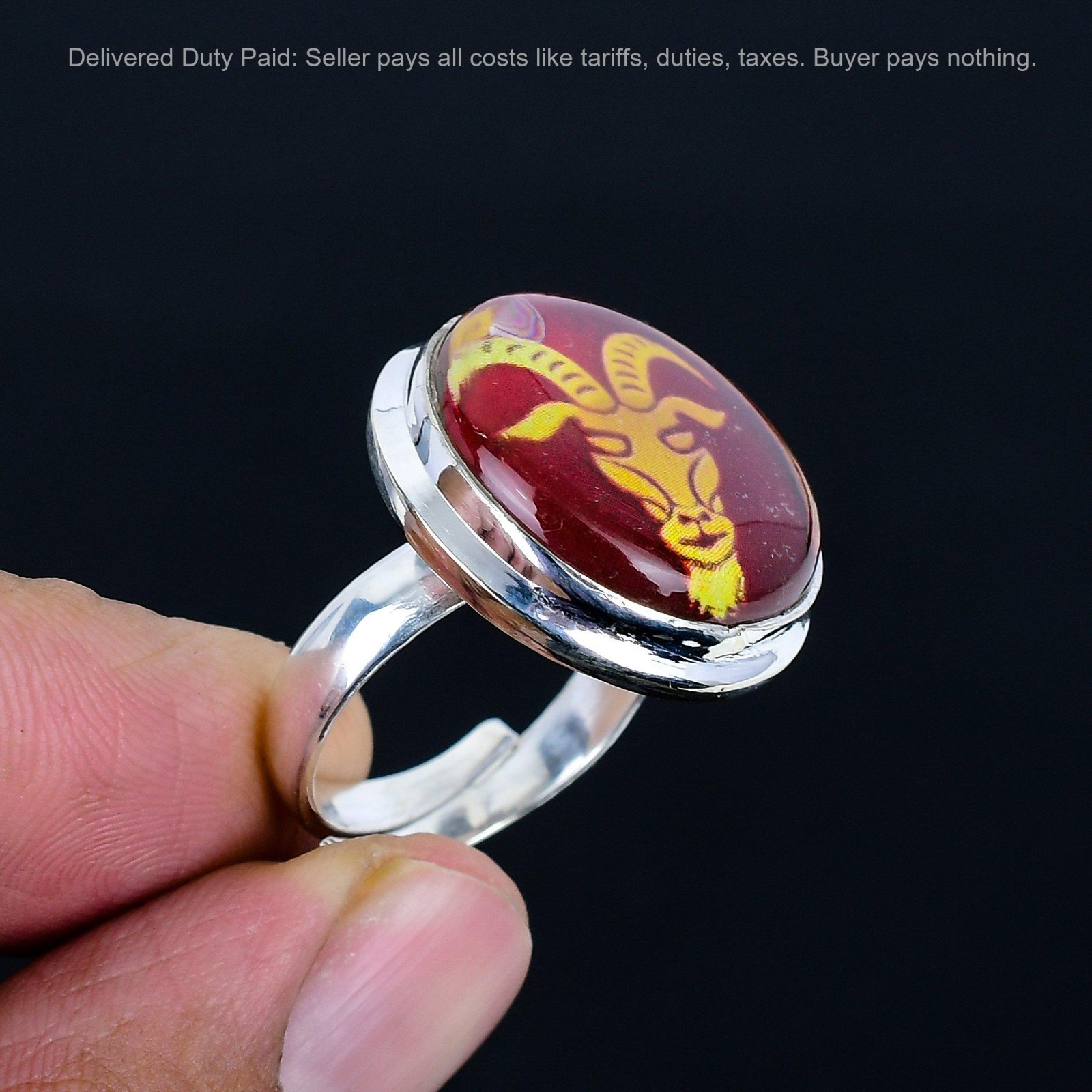 как выглядит 925 Silver Natural Capricorn Zodiac Sign In Red Onyx Multi Stone Ethnic New Ring фото