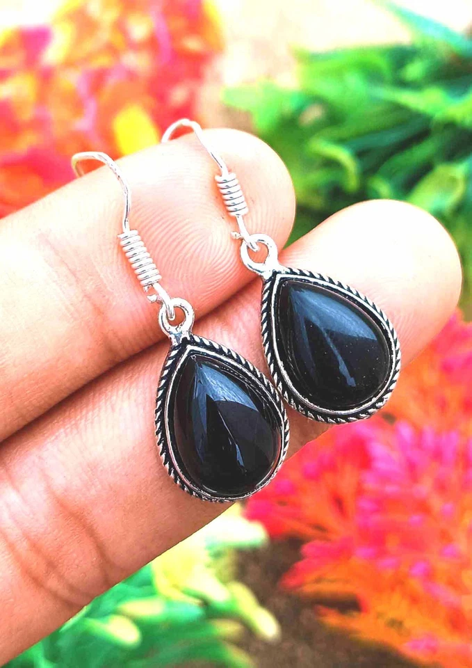 Pendientes colgantes hechos a mano de ónix negro enchapados en plata 925 joyería para mujer Foto 3 de 3