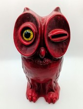 RARE Vintage Red Haeger Winking Owl Coin Bank #8036