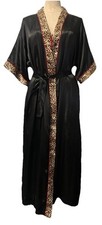 Cinema Etoile Nightgown Robe Set Black Satin/Leopard Trim Size L