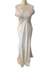 Pretty Cream Satin evening dress Size M Sleeveless Long Lace Trim Women’s