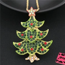 Fashion Women Green Christmas Tree Star Bling Crystal Pendant Chain Necklace