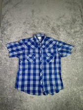 Wrangler Wrancher Shirt Mens XL Blue Short Sleeve Pearl Snap Plaid Two Pocket