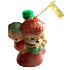 Vtg 80s JASCO Caring Critter Chimers Ornament Bell Bear w Baby Bisque Porcelain