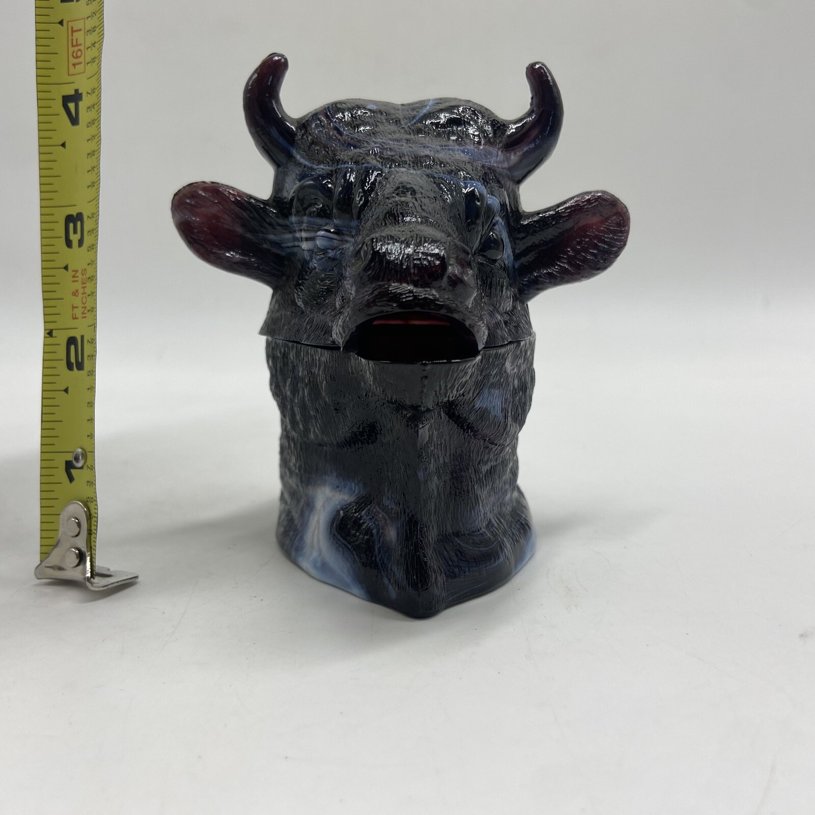 L G Wright Purple Slag Glass Mustard Dish Jar Bull Head w/ Lid Cover *A Chip