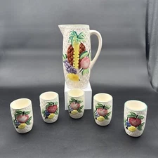 VTG Fruit Juice 1 Pitcher 5 Cups Hand Painted Pottery Made Japan. Fabulous Retro