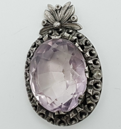 Art Nouveau Silver Pendant With Natural Amethyst - (215) - Picture 1 of 14