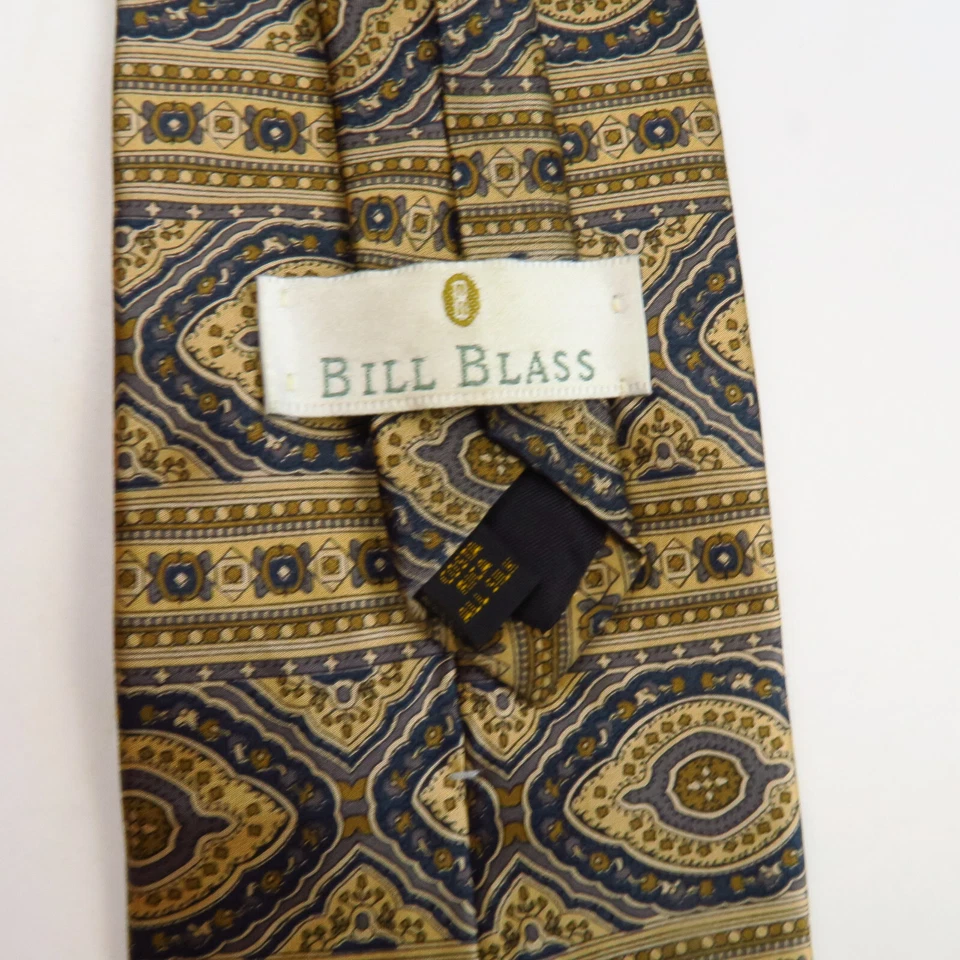 Corbata medallones vintage Bill Blass geométrica dorada azul 56x3,75 clase de vestido Foto 3 de 4