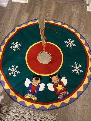 Felt Christmas Tree Skirt With African American Angel Boy And Girl Xmas