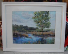 FRAMED SIG ORIGINAL PASTEL ON SANDED PAPER RIVER SCENE ARTIST FRANCES DE BARTOLO