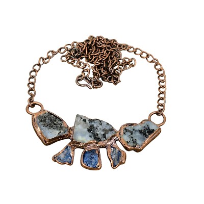 Copper Rainbow Moonstone Rough Gemstone Electroformed Chain Necklace Jewelry
