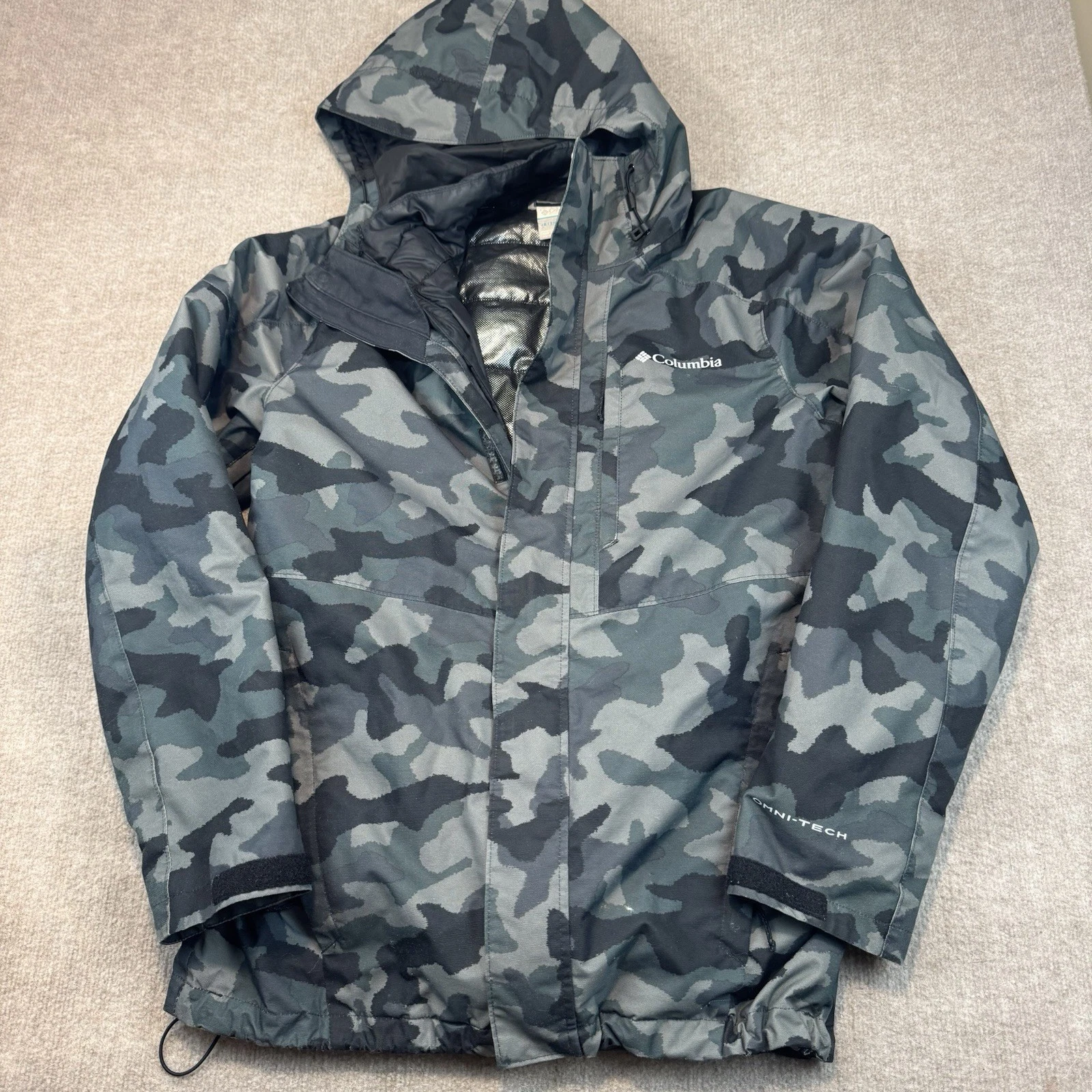 Columbia Omni-Tech Interchange 3-in-1 Ski Jacket Mens Small Gray Camo Hooded