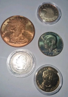 5× MEDAILLEN IN STEMPEL GLANZ 2 OZ 90% KUPFER ORIGINAL IN AMERICAN GEPR.999 CU.. - Bild 1 von 4