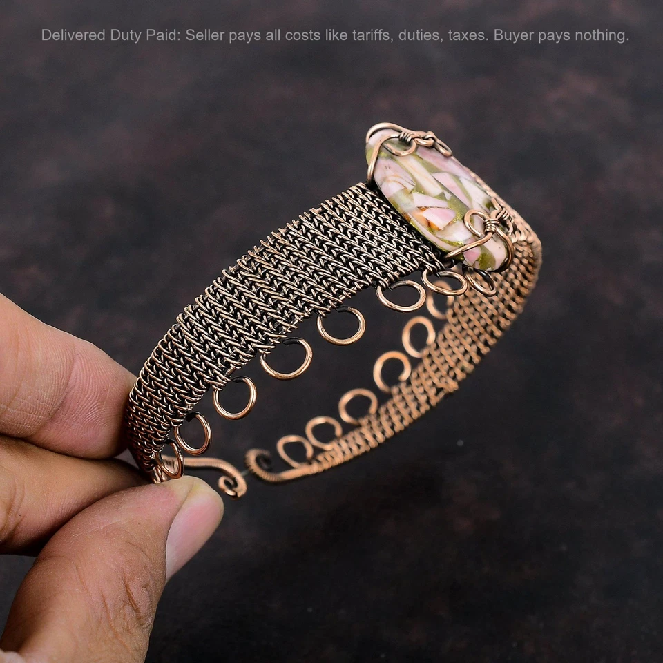 Brazalete brazalete de cumpleaños envuelto en alambre de ópalo rosa cobre natural de cobre de venta de Navidad Foto 4 de 4