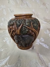 Beautiful Hand Carved Wooden Vase Elephants Palm Trees Tropical 6" Asian