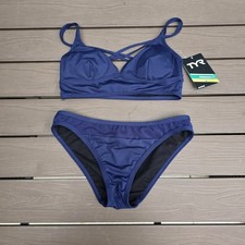 TYR Women Durafast Solid Navy Brooke Bralet Mesh Bikink Sz S New Sample logo
