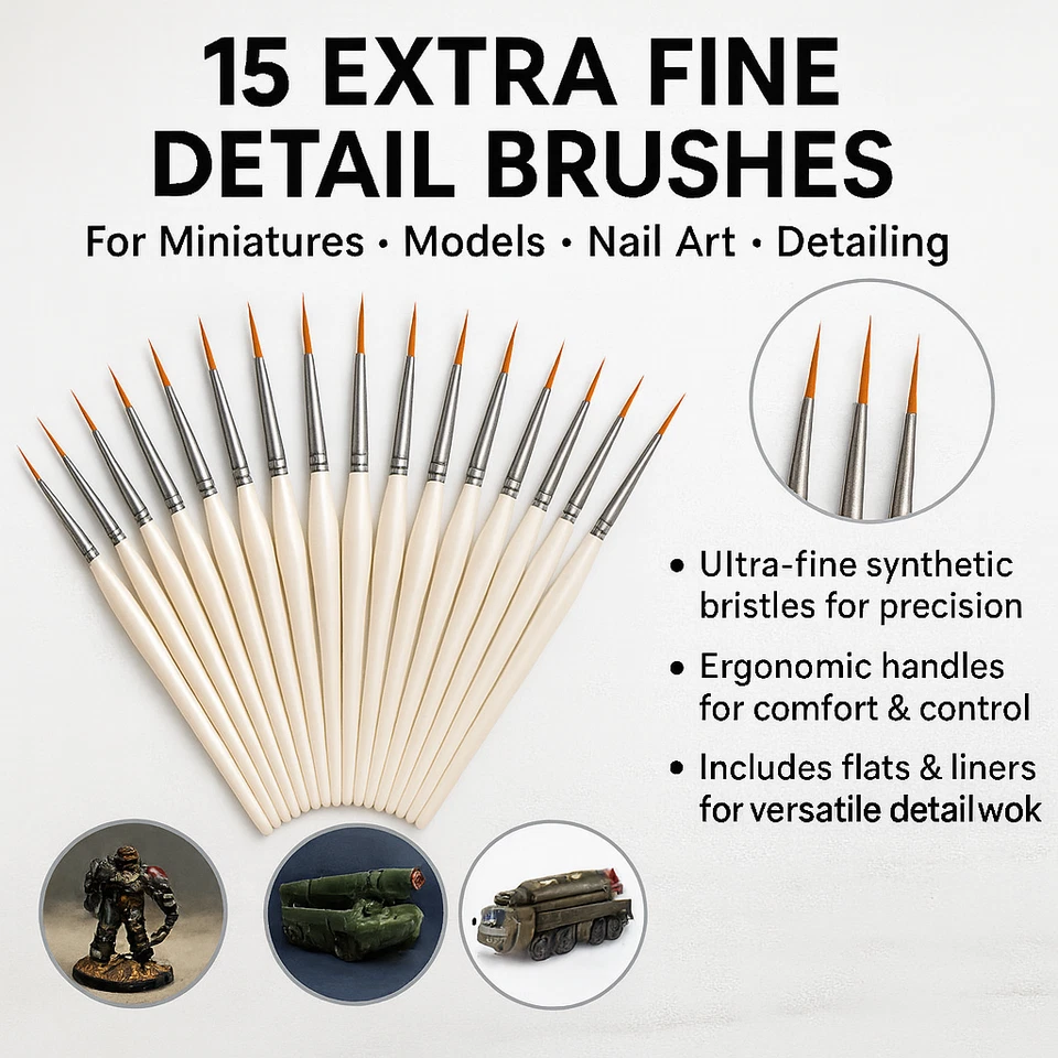 SET 15 EXTRA FINE DETAIL MINIATURE MODELING NAIL ART CRAFT PAINT BRUSH SET PB002 - Image 3 of 4