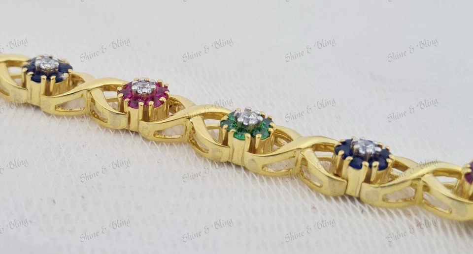 Round Simulated Multicolor Women Flower Tennis Bracelet Gold Finish 925 Silver - Image 2 of 4