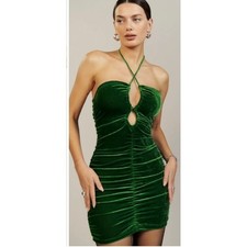 Reformation Dixon Mini Dress Womens XS Green Velvet Ruched Halter Keyhole Cutout