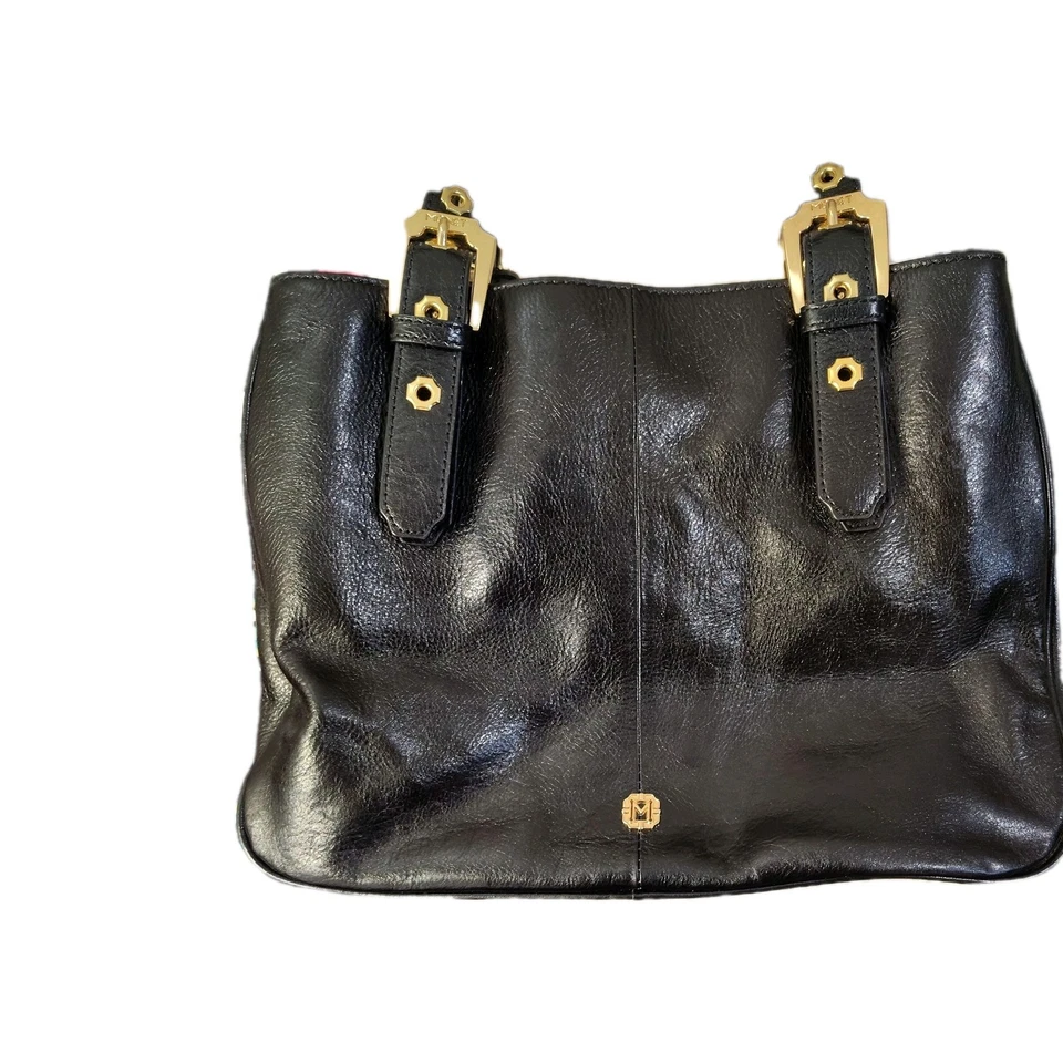 Bolso de hombro de diseñador de herrajes dorados Monet vintage de cuero negro Foto 3 de 4