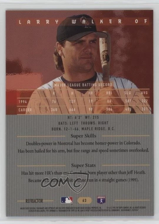 1995 Bowman's Best Red Refractor Larry Walker #63 HOF - Image 2 of 2