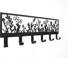 Floral Wall Mounted Coat Rack with 6 Hooks Decorative Black Metal Hanger for Coa