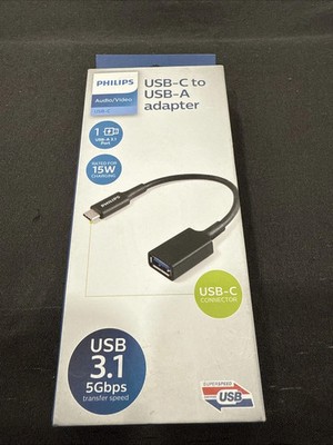 Philips USB-C to USB-A Adapter 15W Charging Rated 5Gbps USB 3.1 Black A/V NEW!