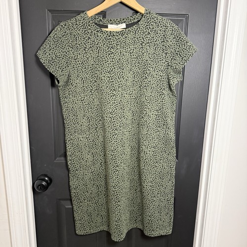 Ann Taylor LOFT Olive Green & Black Knit Short Sleeve Shift Dress Pockets L